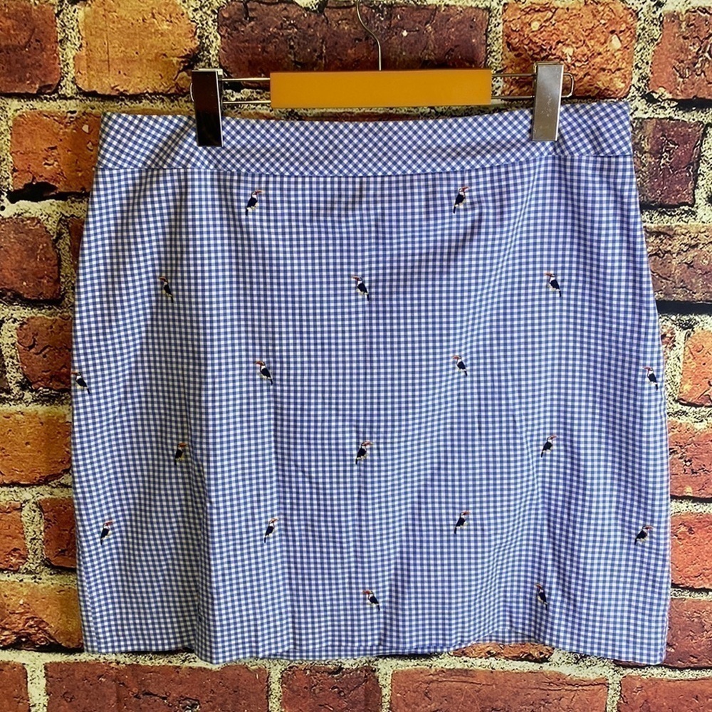 Talbots Blue & White Checkered Mini Skirt with Toucan Bird Size 12 - Picture 3 of 11